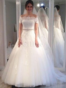 Abito da Sposa in Tulle Naturale con Manica Corte Ball Gown Spazzola Treno – Gillne.it