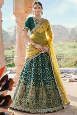 Embroidered Peacock Green Brocade Silk Lehenga