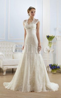 Abito da Sposa Coda A Strascico Corto con Perline Stravagante in Pizzo con Manica Corte –  ...