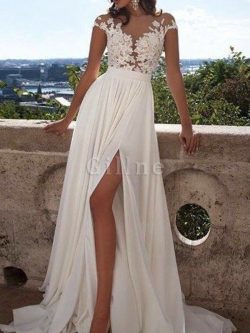 Abito da Sposa con Applique in Chiffon Principessa Tondo con Manica Corte – Gillne.it