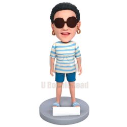 Custom Stylish Female Bobbleheads In Blue Striped T-Shirt