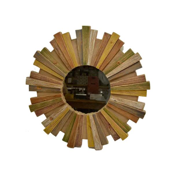 Wooden mirror, round, wood chips design, sun