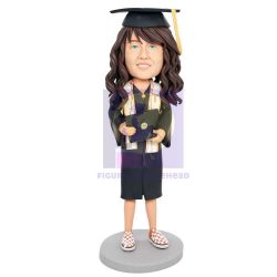 Happy Female Graduates In Black Gown With Diploma Custom Graduation Bobbleheads