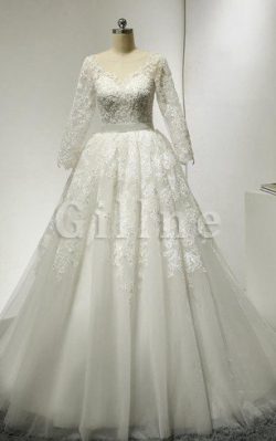 Abito da Sposa Senza Maniche Naturale in Pizzo A-Line con Maniche Lunghe – Gillne.it