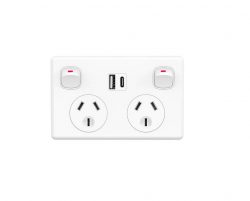 WHITE DOUBLE POLE DUAL GPO POWER POINT SOCKET W/ USB A & USB C CHARGING PORTS