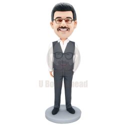 Custom Handsome Male Boss Bobbleheads In Grey Suit