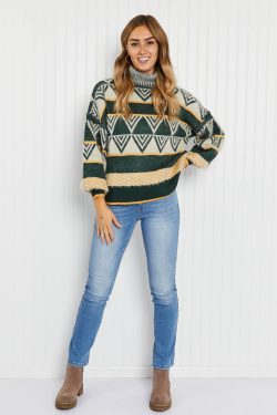 Davi & Dani Cozy Weather Full Size Geometric Fuzzy Turtleneck Sweater in Green