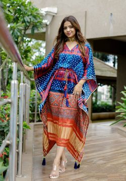 Pure gaji silk digital print bandhej gotapatti work kaftan