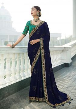 Shop Online Party Wear Royal Blue Chiffon Saree from Snazzyhunt