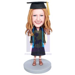 Happy Female Graduates In Black Gown And Blue Ribbon Custom Graduation Bobbleheads