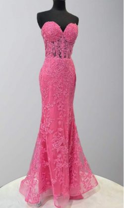 Hot Pink Applique Bustier Mermaid Prom Dresses Long Corset Formal Evening Dresses