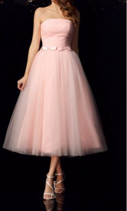 Pink Strapless Tea-Length Tulle Prom Dresses with Bowknots Cute Quinceanera Dress