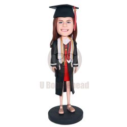 Custom Happy Female Graduation Bobbleheads In Black Gown