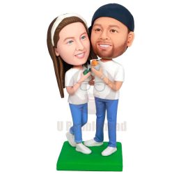 Custom Sweet Couple Bobbleheads In White T-shirt