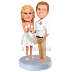 Custom Sweet Couple Bobbleheads In White Dress Holding Wine Glasses