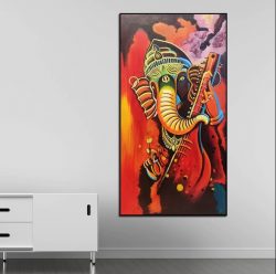 Handmade 3D Look Ganesha Playing Sitar Abstract Canvas Wall Painting