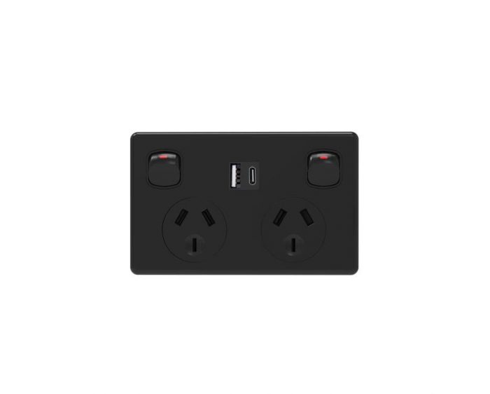 BLACK DOUBLE POLE DUAL GPO POWER POINT SOCKET W/ USB A & USB C CHARGING PORTS 5.4A Max Charg ...