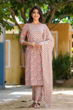 Cotton kurta, trouser & pant set with dupatta Online – yufta