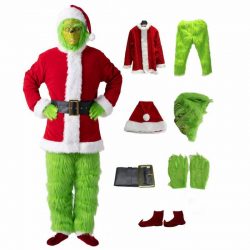 The Grinch Costume, Santa Claus Green Grinch Fleece Full Set With Mask Performance Costume $63.95