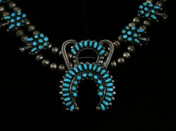 VINTAGE ZUNI BLUE GEM TURQUOISE SQUASH BLOSSOM NECKLACE AND EARRINGS