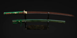 Japanese Katana: Damascus Steel, Red & Black Blade, Copper Fish Tsuba