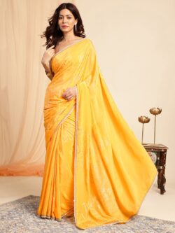 Buy Lumina Allure yellow foil-print satin saree online – navyasa