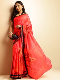 Urban Blueprint Red Liva Satin Abstract Print Saree – navyasa