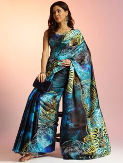 Get the Cosmic Harmony blue satin saree for reception night – navyasa