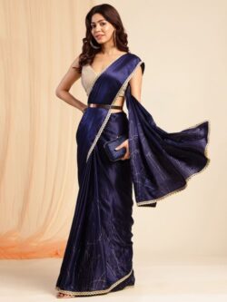 Order Gilded Twilight Foil Print Saree in Navy Blue Liva Satin – navyāsa