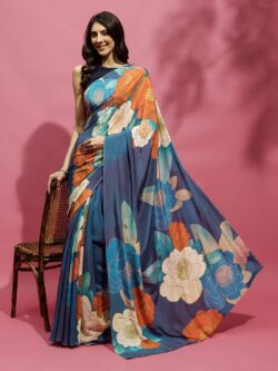 Buy Blossom Orbs Blue Liva Crepe Saree Online from navyasa