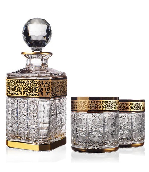 Bohemia Crystal hand cut whiskey set Romantic Horizont (1 bottle + 2 whiskey glasses)