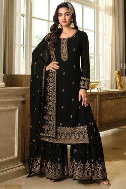 Black Georgette Embroidered Sharara Suit Set Online | Like A Diva