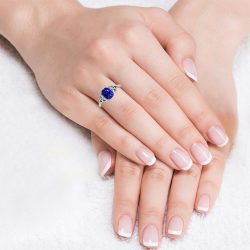 Lifestyle with 1.89-carat Celtic Prong Set Rectangle Cushion Untreated Natural Blue Sapphire Ring