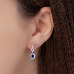 Luxury (2.36 Carats) Emerald Cut Blue Sapphire Gem Stone Earrings