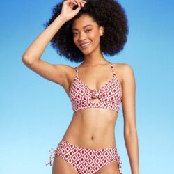 Women’s Longline Underwire Knot Detail Bikini Top – Shade & Shore™ Red Geo Print