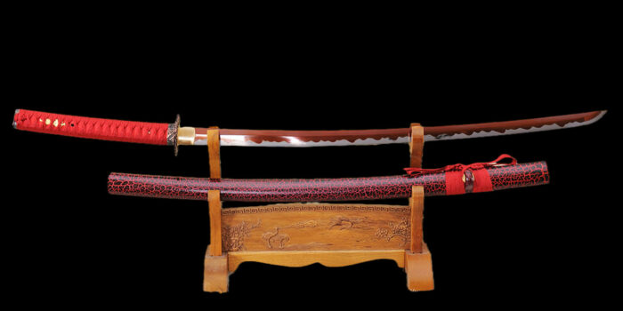 Hand Forged Japanese Samurai Katana: 1095 Carbon Steel Red Blade Hamon
