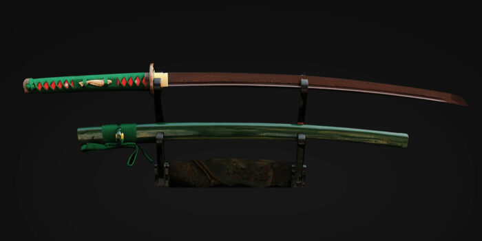 Japanese Katana: Damascus Steel, Red & Black Blade, Copper Fish Tsuba