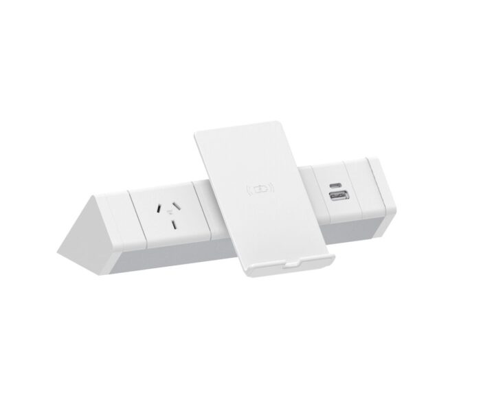 Athena Above Desk Power Rail – 1 GPO & Helistand Wireless and USB Charging