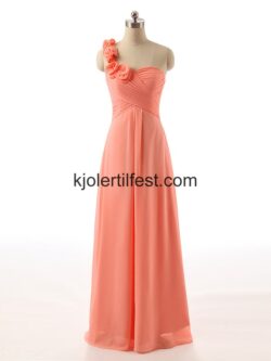 En-Skulder Blomster Gulvlengde Oransje Chiffon Brudepikekjoler