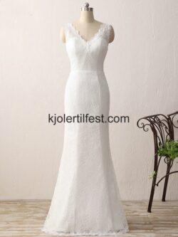 Hvit Gulvlengde V-hals Blonder Brudekjoler