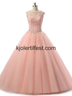 Rosa Perler Lange Tyll Quinceanera Kjoler