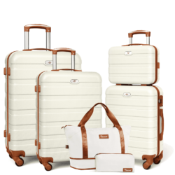 6 Piece Luggage Sets, with Travel Duffle Bags, Lightweight ABS Hard Suitcase, White Tan