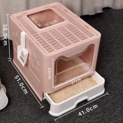 Foldable Cat Litter Box with Pull-Out Tray -Easy Cleaning and Anti-Splash Design Pink 51 41 38cm