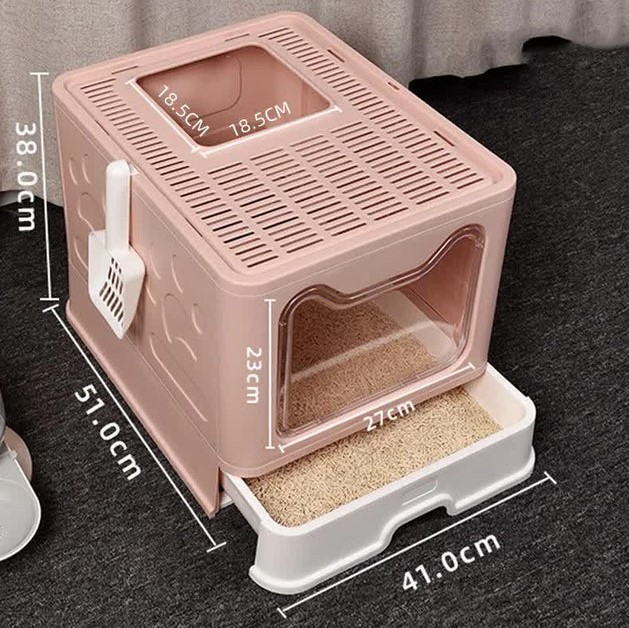 Foldable Cat Litter Box with Pull-Out Tray -Easy Cleaning and Anti-Splash Design Pink 51 41 38cm